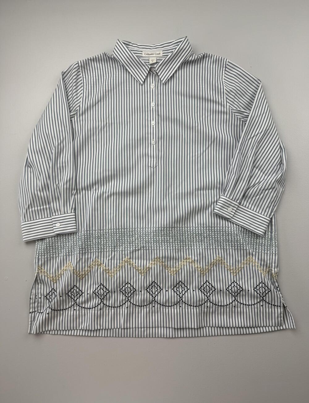 Coldwater Creek Blouse Womens PL Petite Blue Stripe Collared 3/4 Sleeve Tunic